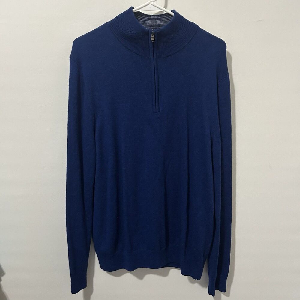 Express Mens Blue 100% Extra Fine Merino Wool Quarter Zip Sweater Large Preppy
